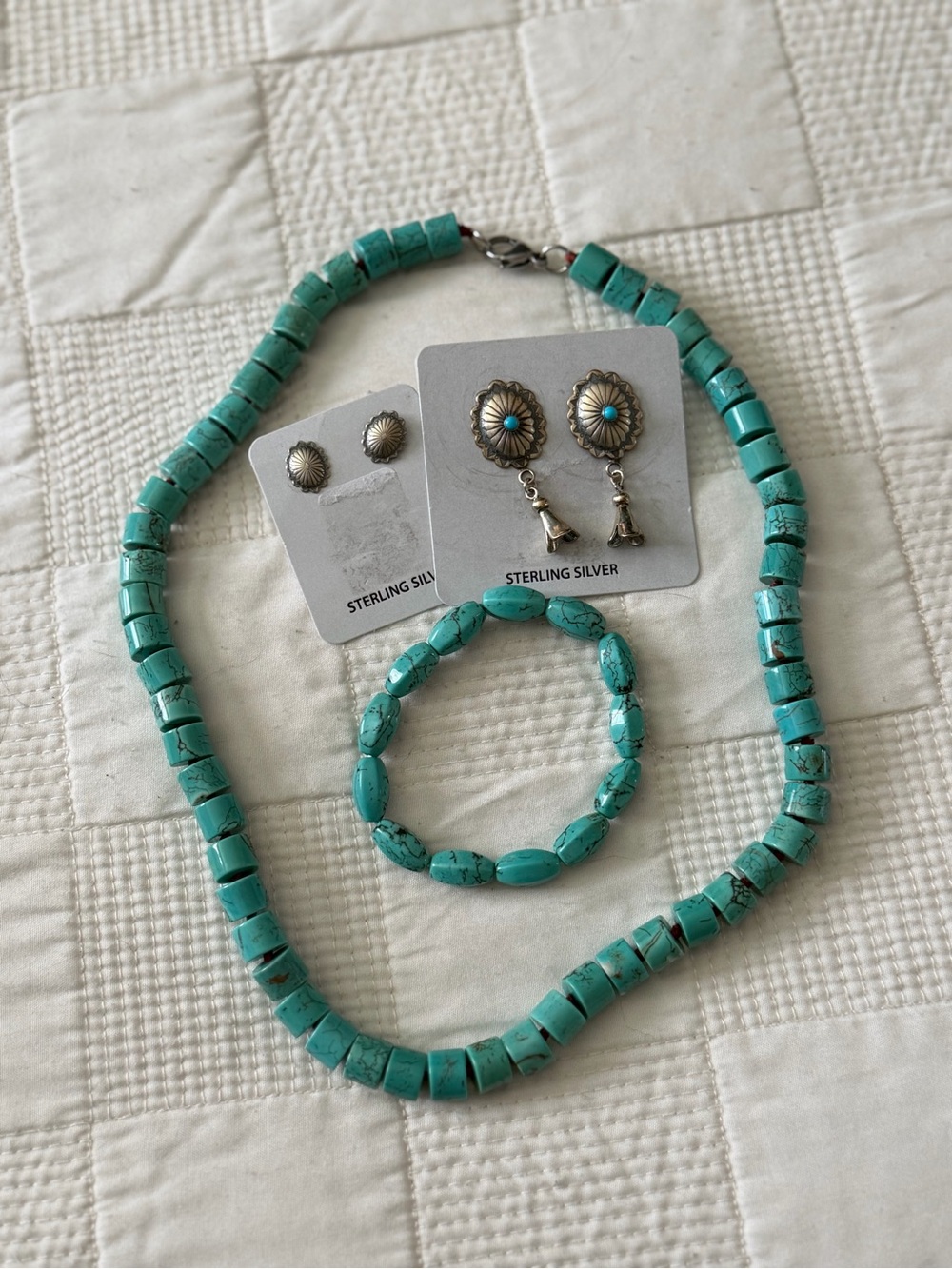 Turquoise Beaded Necklace & Bracelet Set with Sterling Silver Earrings